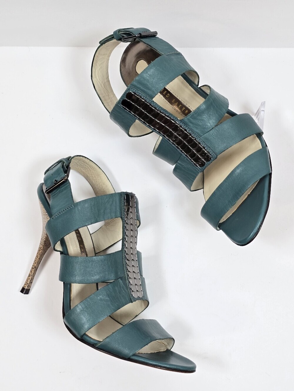 Ted Baker Open Toe Multi-Strap Leather Sandals Textured Stiletto Heels Sz.9